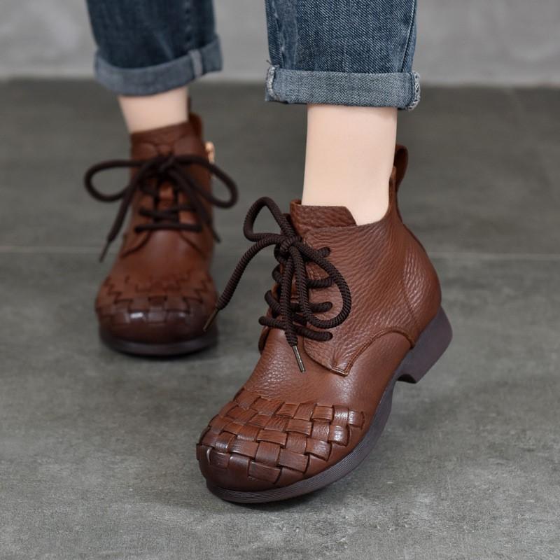 Johnature Stivali da donna in vera pelle intrecciata a mano retrò Stivali corti in vera pelle con lacci e punta tonda