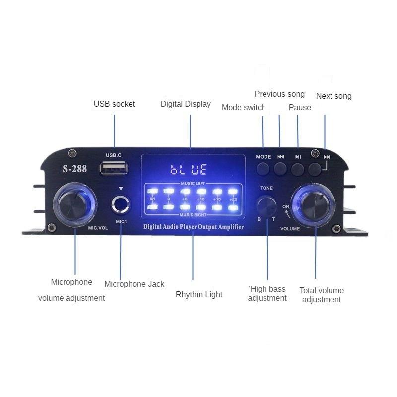 S-288 Bluetooth USB Audio Power Amplifier Car 4.0 Channel Audio Speaker Home Cinema HiFi Stereo Amplifier 17.6X10X4CM