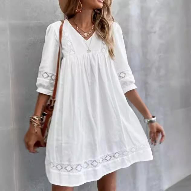 Vestito Corto Casual A Line da Donna con Scollo a V, Maniche a Tre Quarti e Inserti in Pizzo, Vestibilità Ampia
