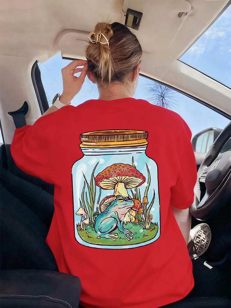 Cute Frog With Mushrooms Printed TShirts Womens Casual Short Sleeve Tops Soft ONeck T Shirts Summer Loose Womans Streetwear