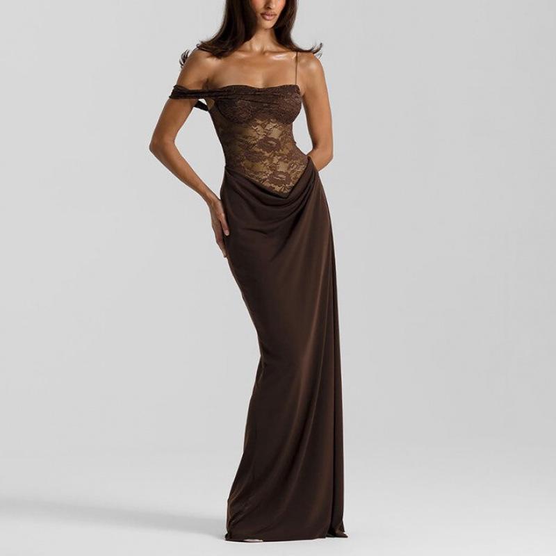 European Summer 2025 Sexy Spaghetti Strap Lace Patchwork Long Dress for Women
