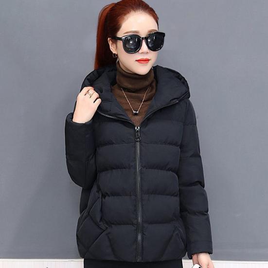 Kvinner vinterhettejakke Ensfarget langermet løs tykk varm bomullsjakke for kaldt vær Matchende Streetwear yttertøy