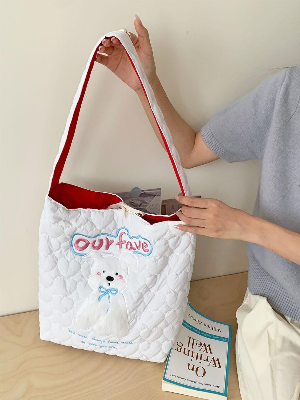 

Cute Plush Puppy Women s Shoulder Bag Double-sided Ladies Love Quilted Handbags Large Capacity Female Book Tote Shopping Bags белый