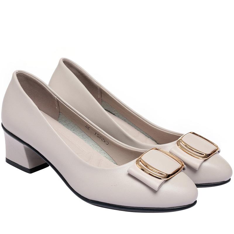 Four Seasons Women's Burgundy & Beige Leather Pointed-Toe Low-Cut Pumps with Medium Thick Heels.