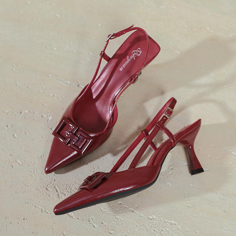 Französische Taschenkopf-Sandalen Damen 2025 neuer Sommer große Größe Damenschuhe spitz hinten leer einzelne Schuhe rot hohe Absätze Stiletto