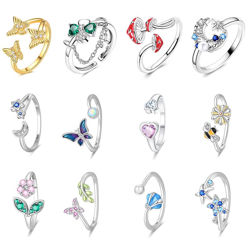 New 925 Silver Butterfly Four-Leaf Clover Flower Star And Moon Ring For Women Fit Wedding Party Jewelry Gifts