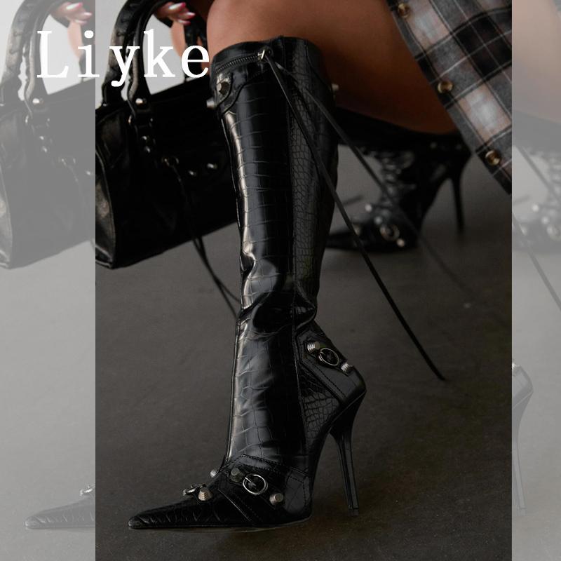 Fashion Liyke 2025 New Sexy Pointed Toe Knee High Boots Women Pole Dance Stiletto Heels Pumps Fashion Tassel Zip Rivet Winter Long Shoes