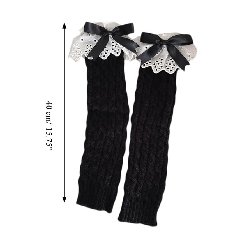 Winter Autumn Twist Cable Knitted Leg Warmers Cute Bowknot Ruffled Lace Foot Covers Middle Tube Calf Socks for Women