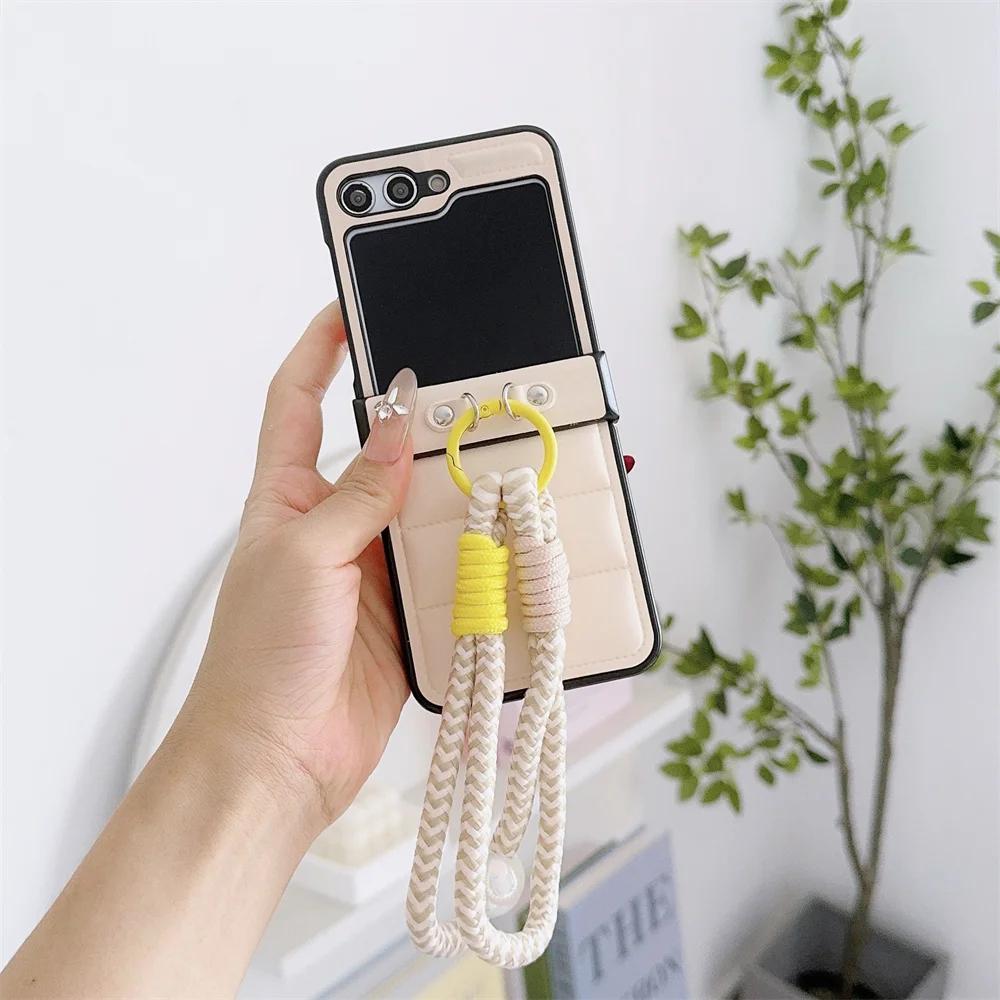 Down Jacket Style PU Leather Cover with Wrist Strap Bracelet For Samsung Galaxy Z Flip 6 5 4 3 Hard Hinge Protective Phone Case