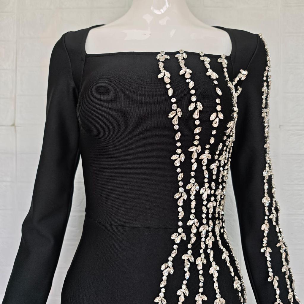 European & American Luxury Rhinestone Square Neck Bandage Dress - Slim Fit, Elegant Socialite Evening Wear.