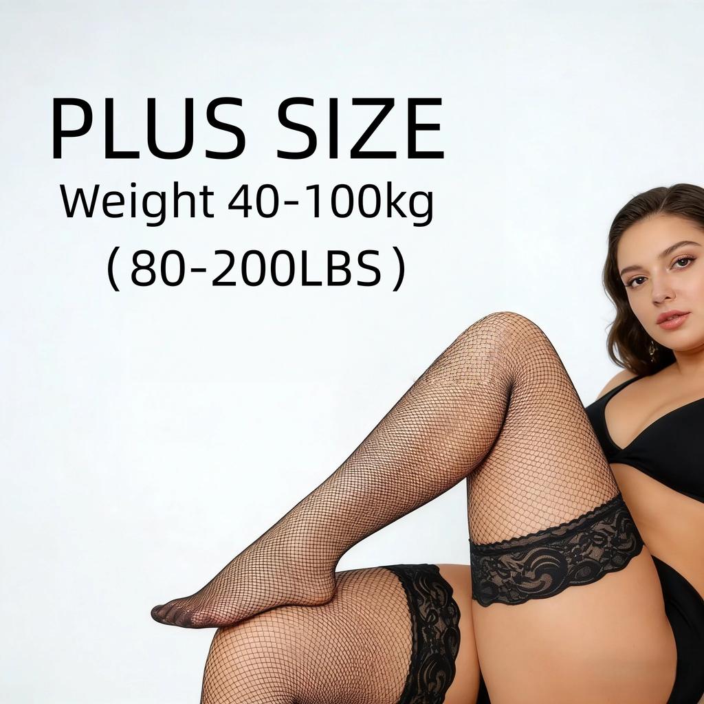Women Lace Plus Size Stockings Women's Hollow Out fishnet Lace long Socks Thigh High Breathable Thigh High Mesh stocking Stretchy Fit oversize woman