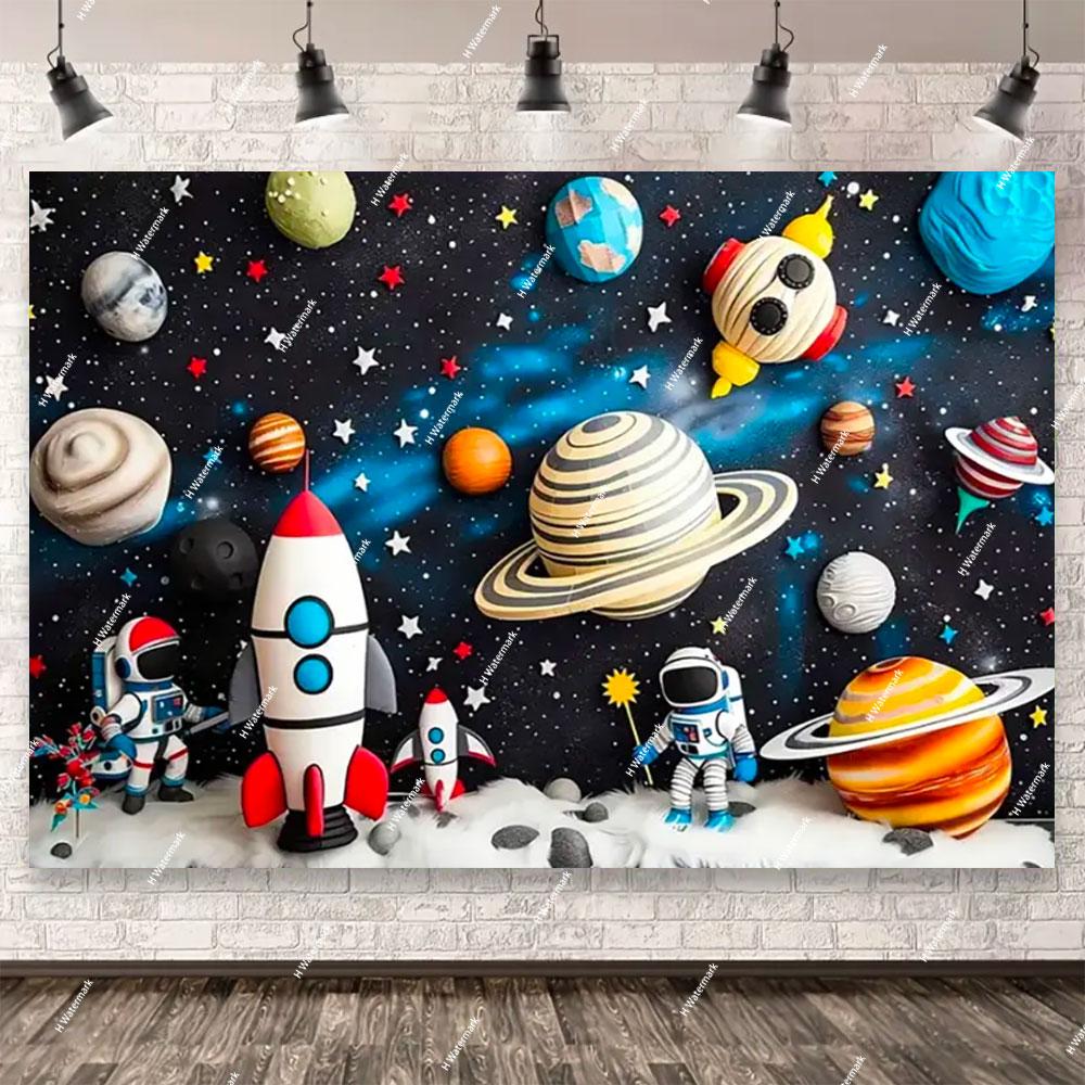Space Astronaut Birthday Party Background Banner Custom Decoration Rocket Theme Photography Boy Birthday Gift Photo Studio Prop