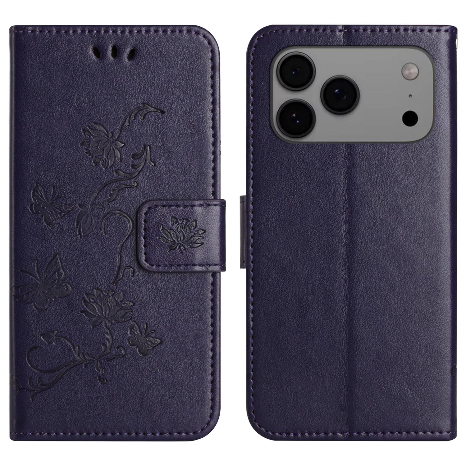For iPhone 17 Pro Max Case Wallet Stand Imprinted Butterfly Flower PU Leather Phone Cover C