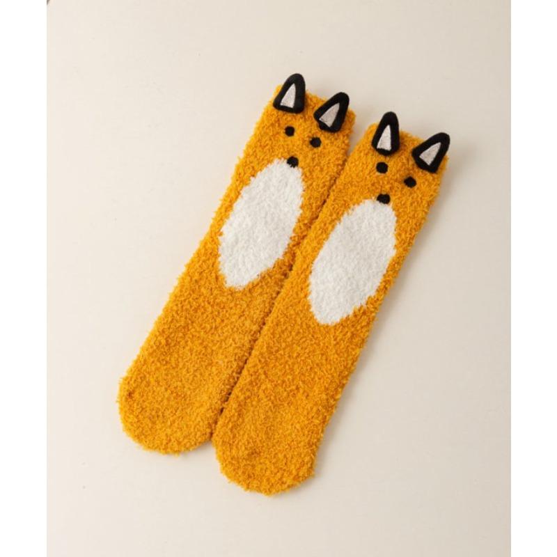 Autumn and Winter Coral Fleece Socks for Women, Three-dimensional Cartoon Animal Embroidery, Home Floor Socks, Thickened Half-fleece Mid-calf Socks