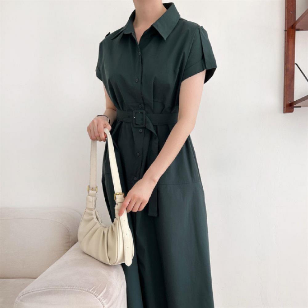 New Arrivals Open Run Women Plus Size Roll Up Sleeve Belted Long Shirt Dress