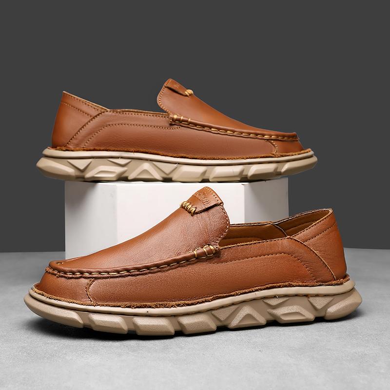 Fashion Mens Genuine Leather Business Leather Shoes Thick Soled Comfortable Slip-on Lazy Shoes Quality Handmade Stitching Casual Loafers