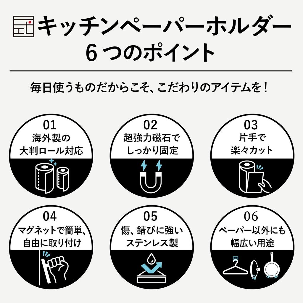 Issiki Papel de Cozinha Aço Inoxidável Fabricado em Suporta Rolos Grandes Verticalmente ou Suporte Magnético Forte para Geladeira, Magnético, Rasgo com Uma Mão, Aço, Japão,