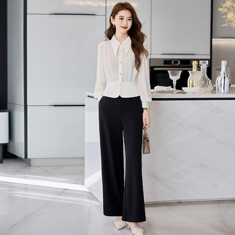 

2025 Spring Women s Long Sleeve Shirt & Wide Leg Pants Two-Piece Set M (45-55 kg)