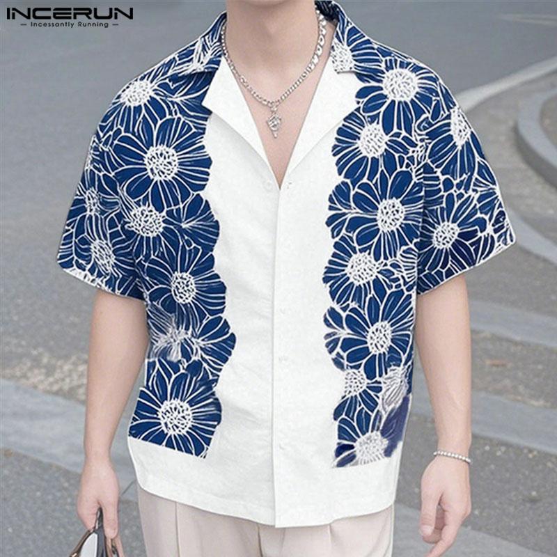 INCERUN Men Lapel Neck Short Sleeve Print Stitching Casual Loose Shirts
