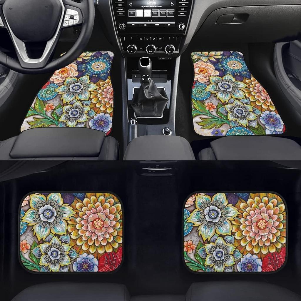 Decorative Boho Floral Print Car Floor Mats Set, Front & Rear Liners Set,Universal Fit Auto Carpet for Women Girls, decoration