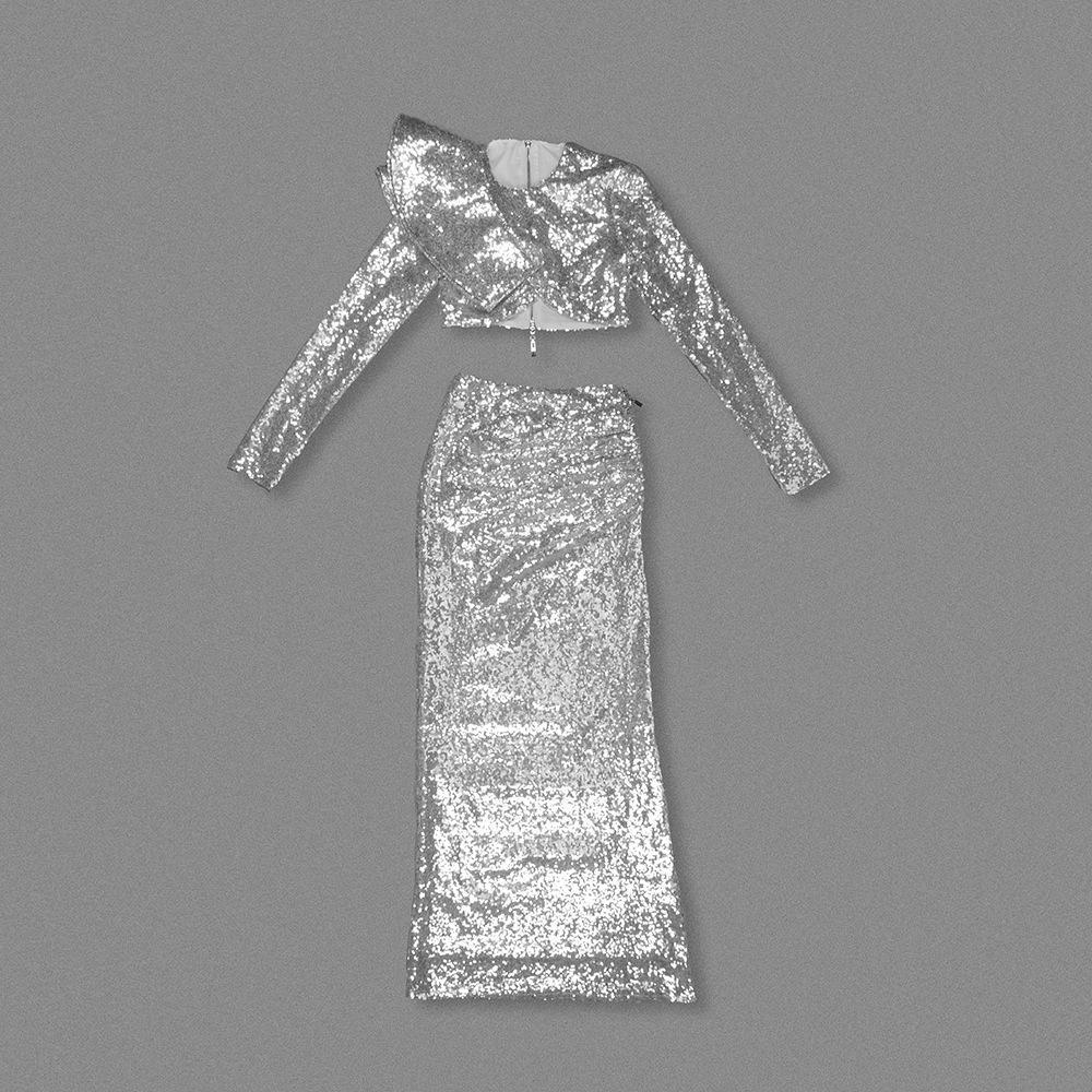 Spring and Autumn European-American Women's Two-Piece: Silver Sequin Long Skirt and Top