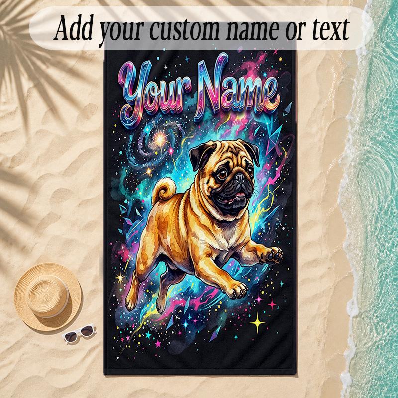 Pug Theme Soft Beach Towel Personalized Custom Name Text Towel Portable for Beach Pool Travel