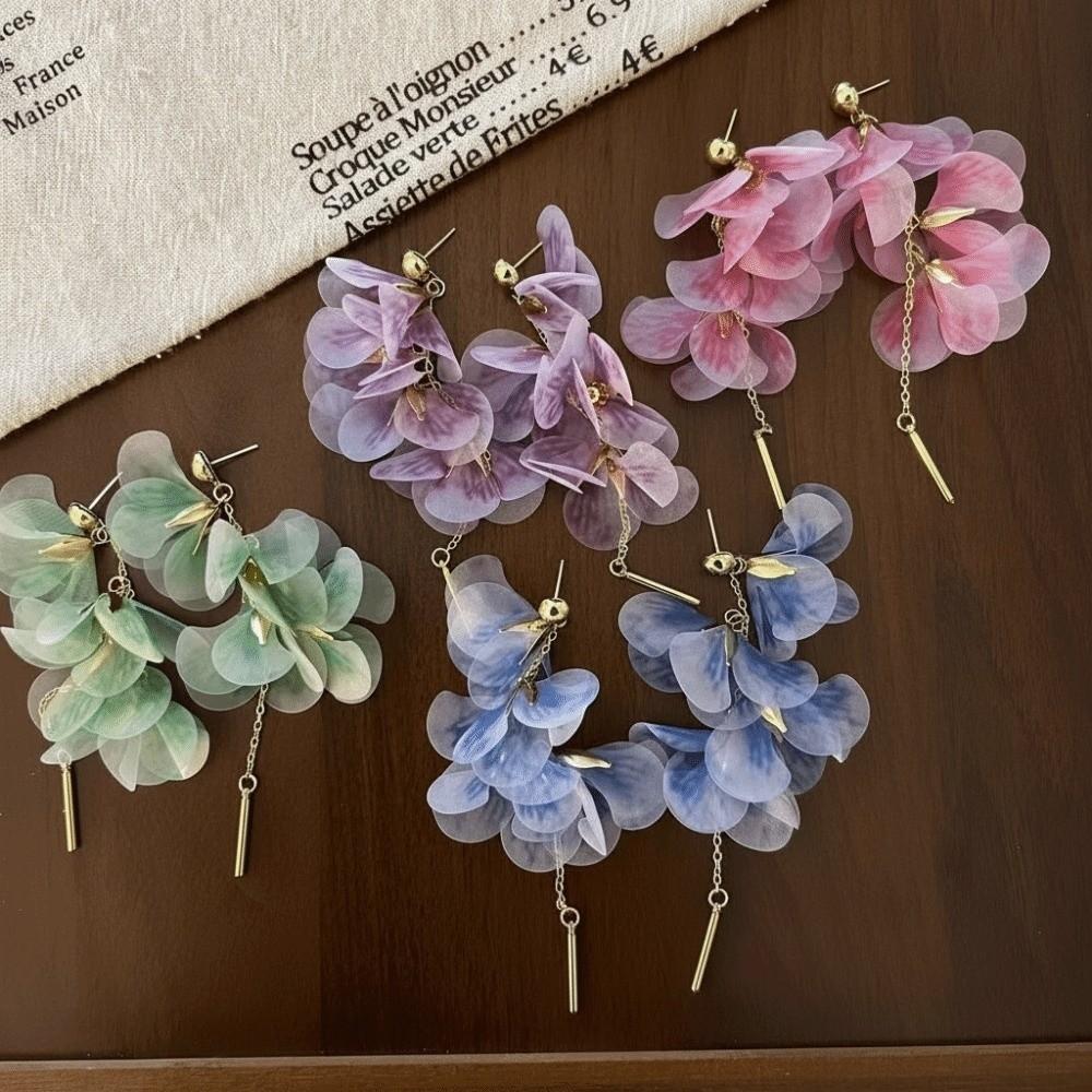 Organza Flower Earrings Sweet Yarn Mesh Earrings Fashion Long Tassel Earrings  Women