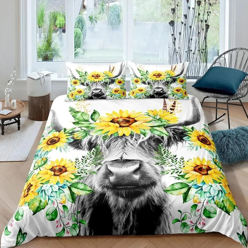 Cow Sunflower Bull Cattle Smoky Mountain Western Comfortable Duvet Cover Pillowcase Bedding Set Children Bedroom Decoration