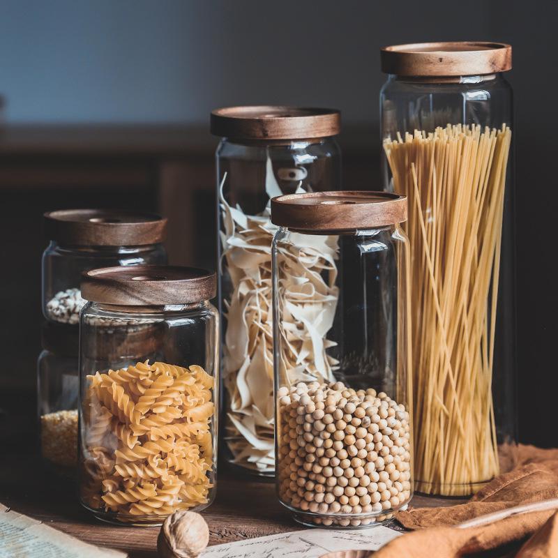Acacia Wood-Lid Glass Jar for Coffee, Grains, Cereals, Dried Fruits, or Tea Storage