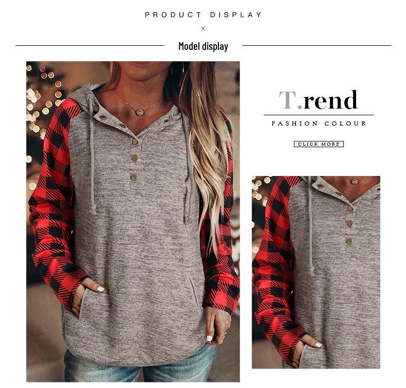 Shiying Plaid Color Block Waffle Sweatshirt - Women's Casual Autumn/Winter Button Top