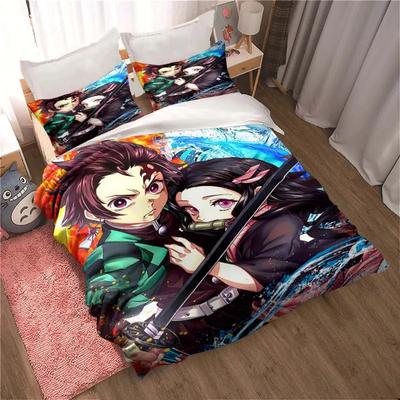 Demon Slayer, Anime Çizgi Film Hediye Kral Çift Çift Çocuk Yatak Takımı Mikrofiber veya Polyester Nevresim Takımı Örtü Yatak Örtüsü ile