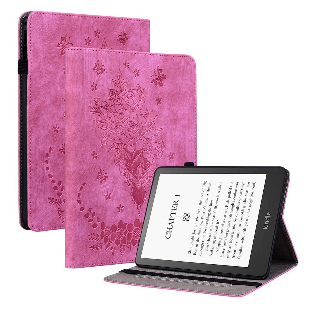 For Amazon Kindle Paperwhite (2024)/Kindle Colorsoft Leather Case Card Holder Rose Flower E-Reader Cover
