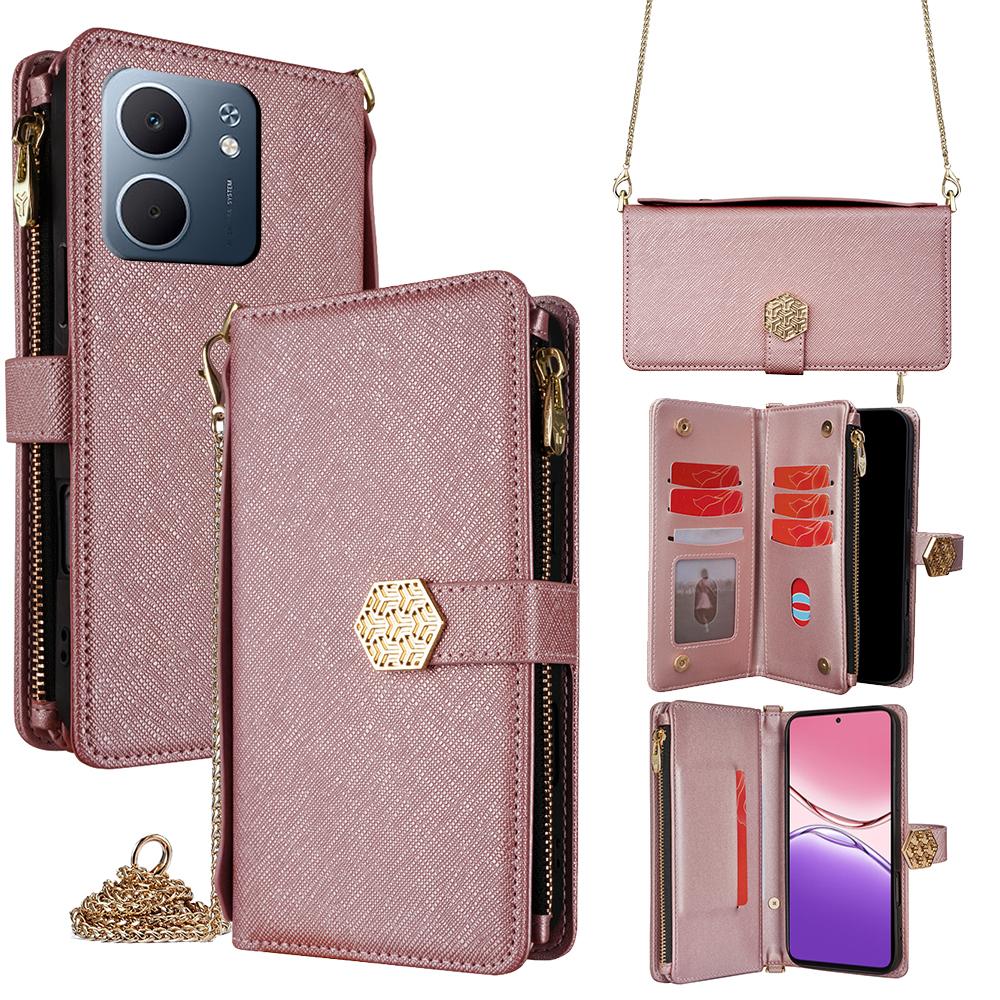

For Oppo A5x 5G Case Cross Texture PU Leather+TPU Wallet Phone Cover with Strap Rose Gold