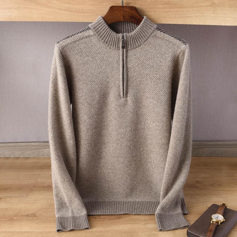 Men's Spring & Autumn Half-High Neck Zip Sweater - Casual, Versatile, Solid Color Pullover