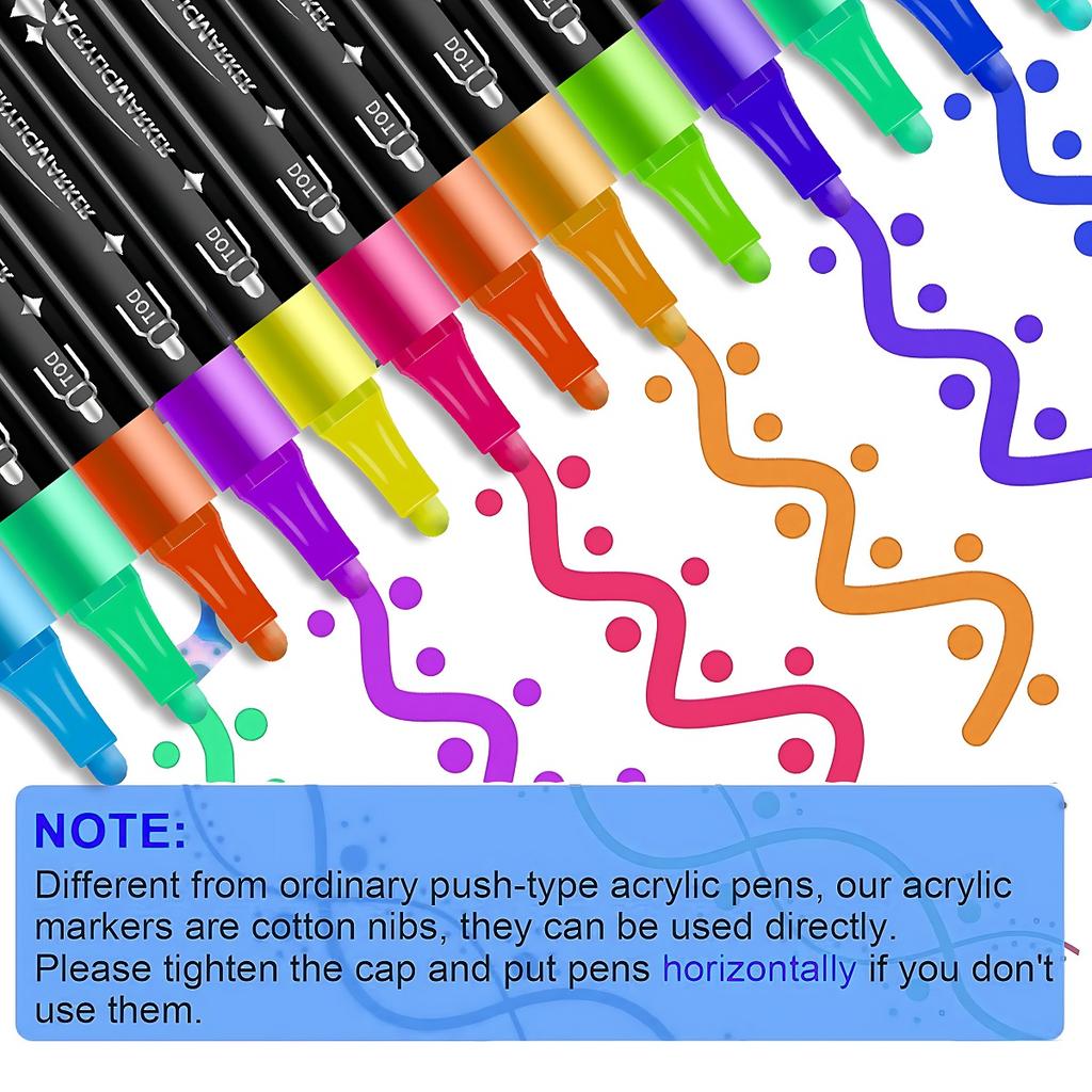 24 Colors Dual Tip Acrylic Paint Markers Set Brush & Dot Tips Waterproof No Bleed Paint Pens for Rock Canvas DIY Art Craft