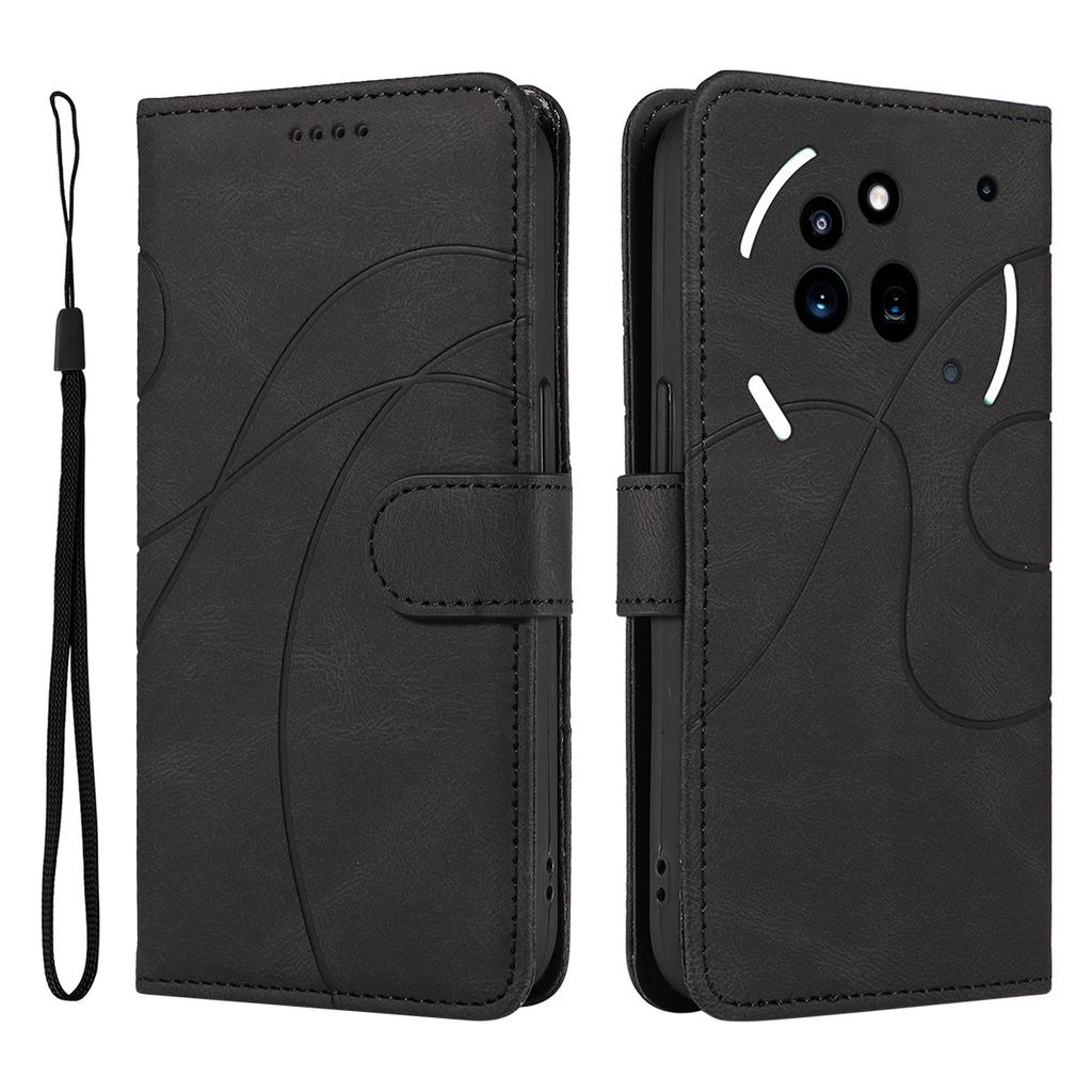 For Nothing Phone (3a) Pro Wallet Case Leather Phone Cover Stand with Curved Line Design -  Black