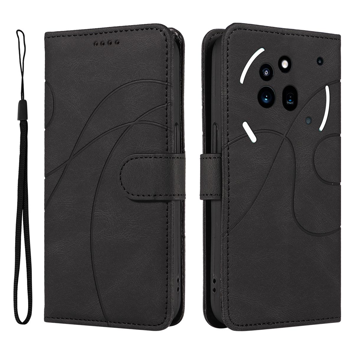 

For Nothing Phone (3a) Pro Wallet Case Leather Phone Cover Stand with Curved Line Design Black