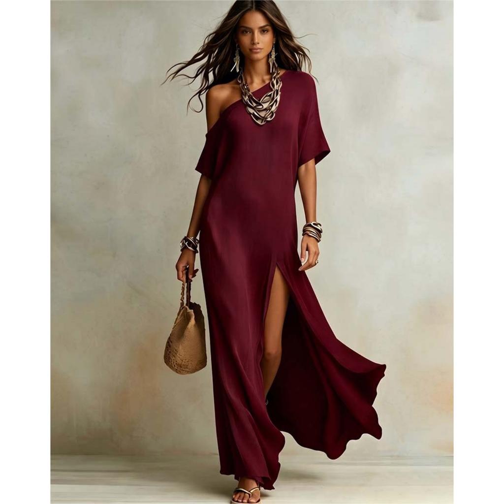 One Shoulder Short Sleeve Slit Long Dress, Comfortable Casual Dress for Vacation Homewear, Women's Crossbody Dress for Europe America