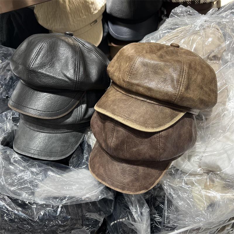 

Autumn new washed PU leather octagonal cap women s literary retro casual fashion newsboy hat M（56-58cm） темно-коричневого кольору