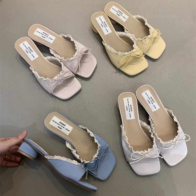 Designer Summer Butterfly-knot Lace Women Slippers Casual Thick Low Heel Dress Street Style Slides