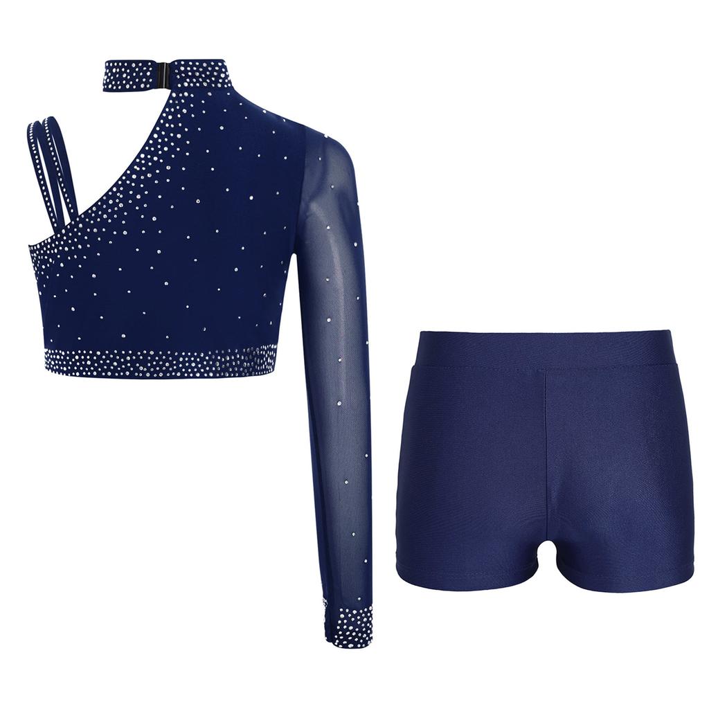 Třpytivý crop top na tanec s kamínky pro dívky: Šortky s nepravidelným ramenem a V-předním pasem pro taneční vystoupení