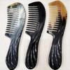 Handmade Black Buffalo Horn Comb - Genuine Anti-Static Massage Comb with Bamboo Floral Handle