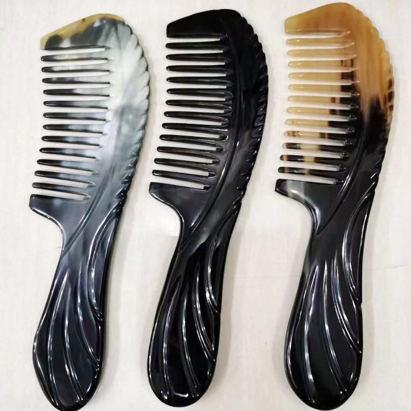 Handmade Black Buffalo Horn Comb - Genuine Anti-Static Massage Comb with Bamboo Floral Handle
