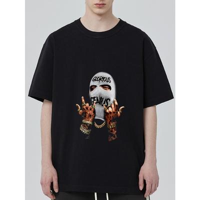 Black T Shirt with Glorious Genius Balaclava and Tattooed Hands Print Streetwear Fashion Casual Wear