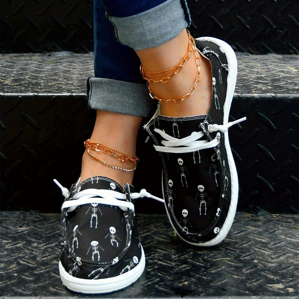Women's Skeleton Men Print Shoes, Slip On Round Toe Low-top Non-slip Lightweight Canvas Shoes, Halloween Comfy Daily Shoes