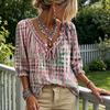 Boho Locker Bluse Damen Sommer Lässiges Hemd, V-Ausschnitt Schnürung 3/4 Ärmel Bluse, Kariert Dreiviertel Puff Oberteil Druck Fließende Oberteile, Leicht Atmungsaktiv