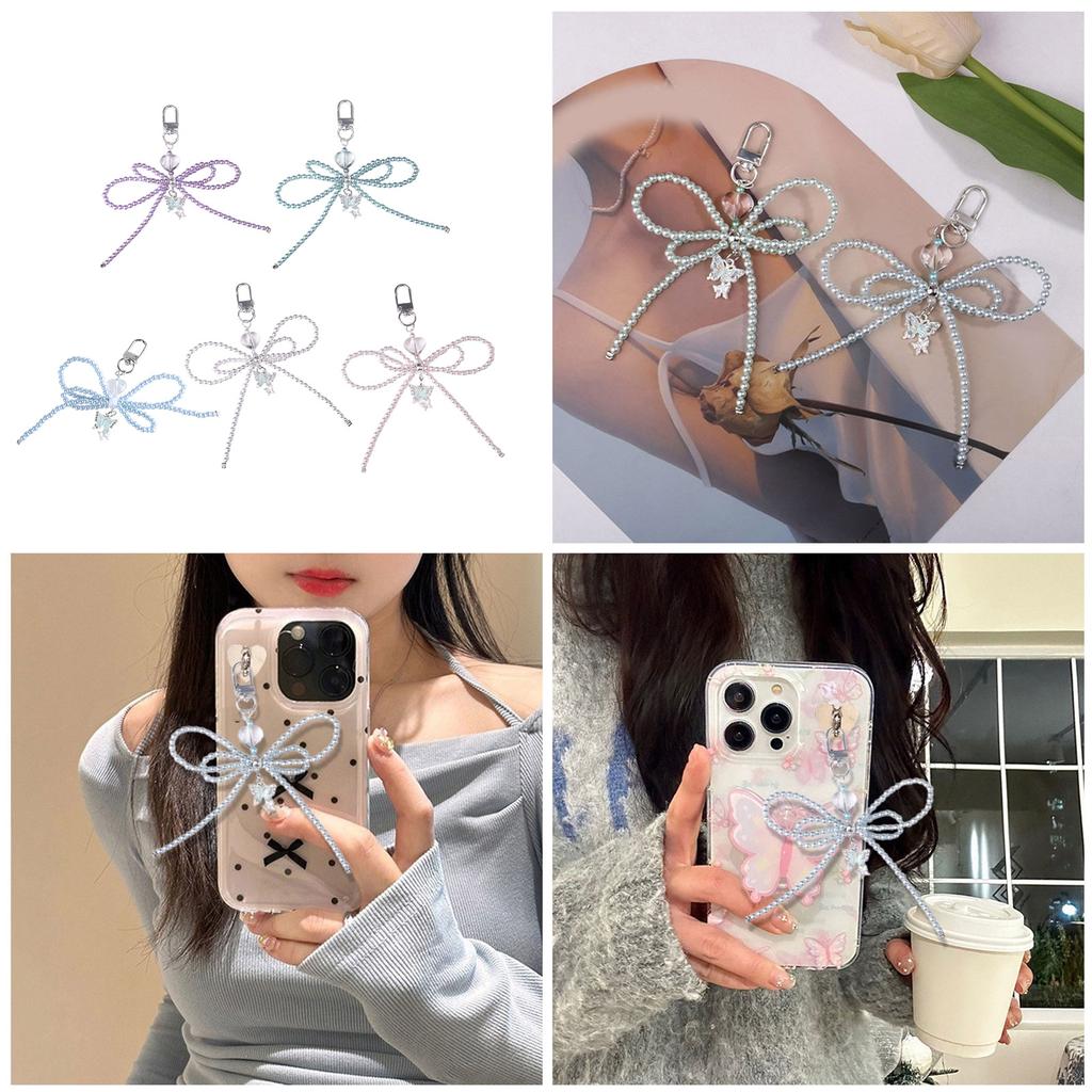 Double Layer Bowknot Keychain Pendant Pearls Beaded Butterfly Knot Key Chain Fashionable Bow Ornament for Phones and Bag