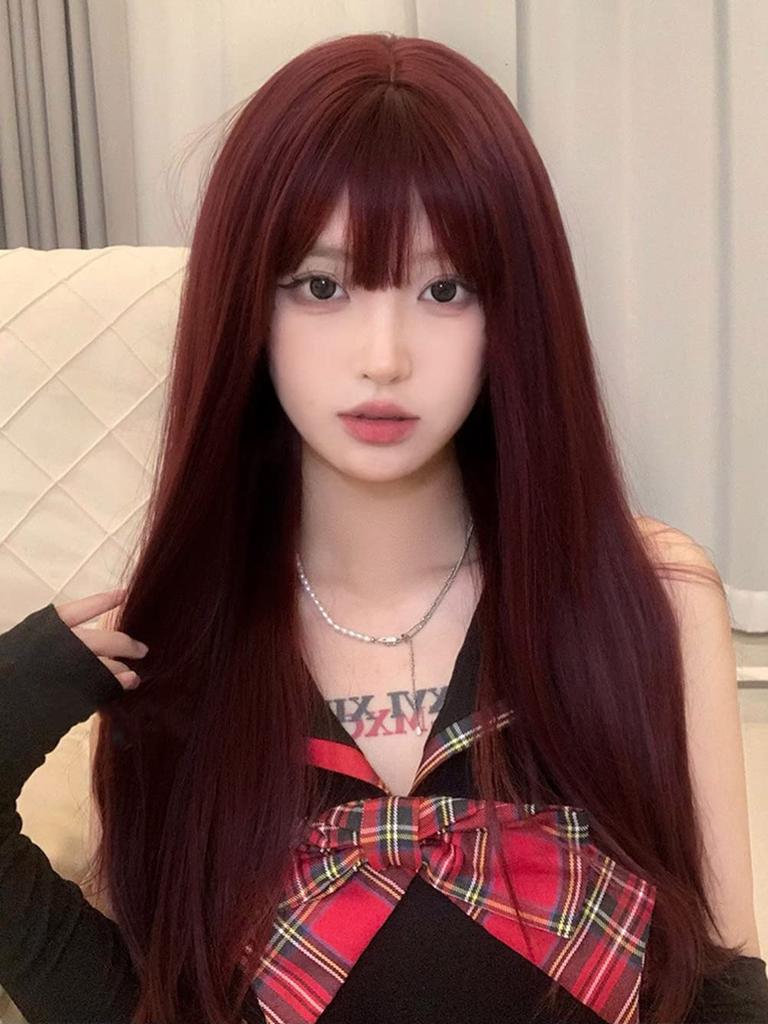 Eileen Cute Wine Red Medium Long Full Harajuku Small Face Comes with Net Wig, Wig, Women's Wig, Straight, Natural, Style, Popular, Effect,