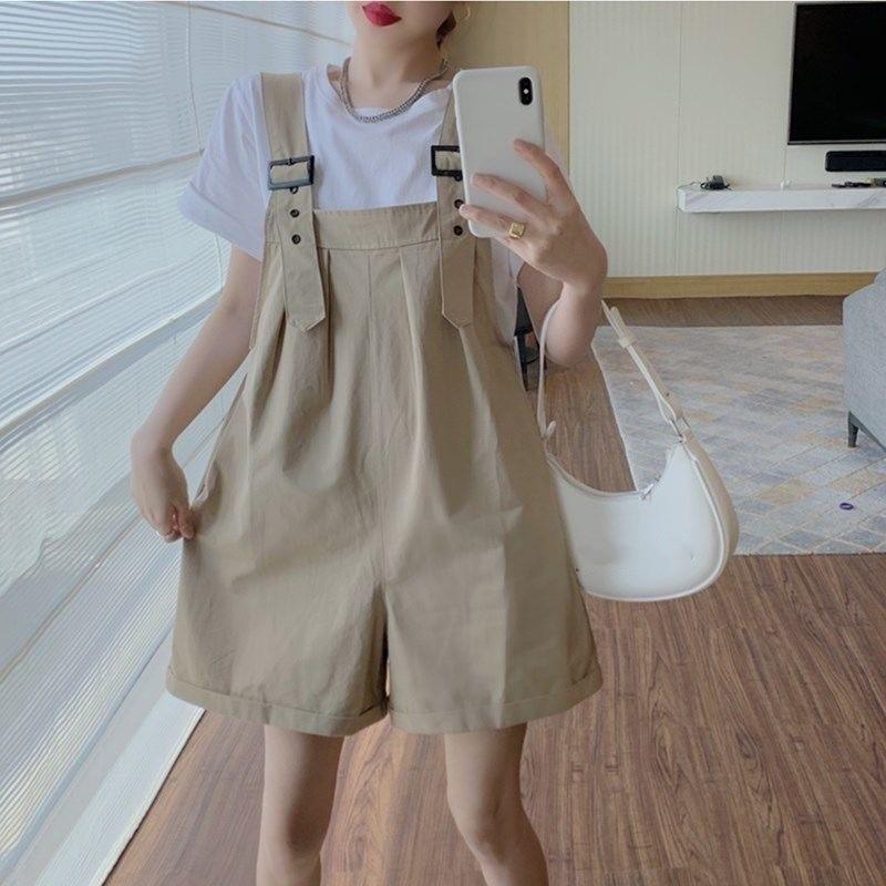 Green Plus Size Petite Cotton Workwear Overalls Shorts for Women - Summer High Waist, Loose Wide-Leg Style 