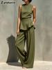 New Women's Sleeveless Vest Wide Leg Pants Cotton Linen Two Piece Set Female Clothing